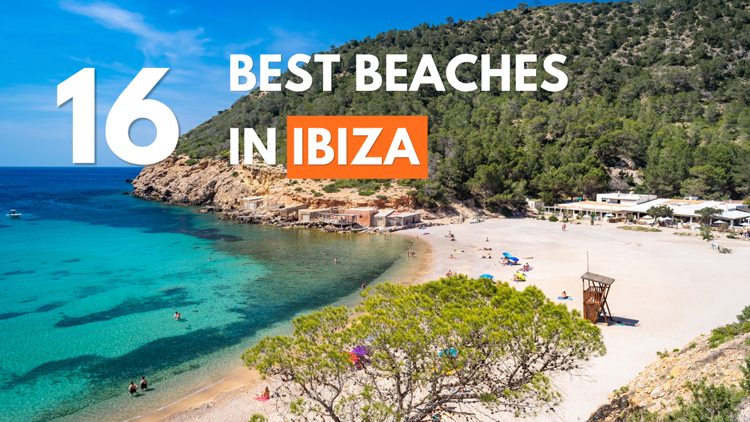 Travel guide banner for the 16 best beaches in Ibiza, featuring a beautiful sunny cove with turquoise water, white sand, and a beachside restaurant.