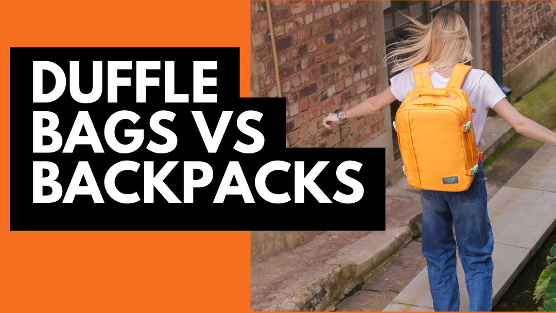 Title banner for the duffel vs backpack guide featuring a traveler wearing a CabinZero Classic backpack in Honeycomb colour for hands-free mobility.